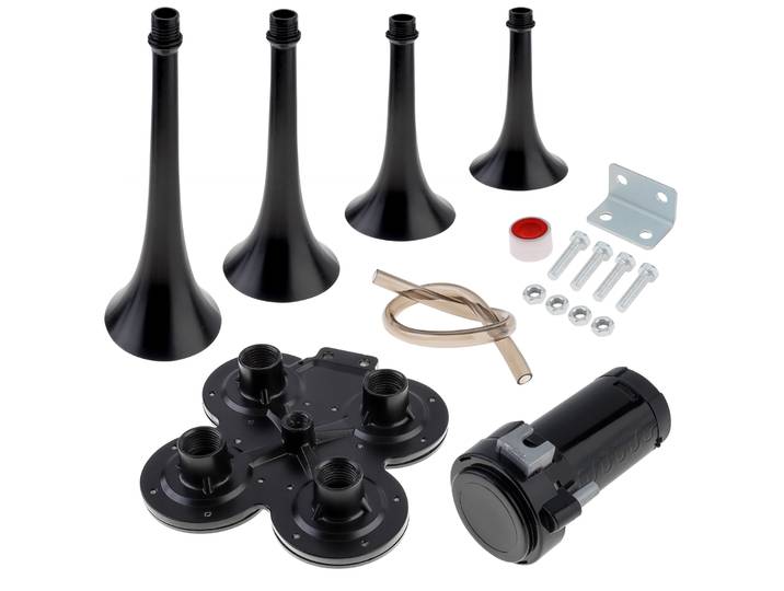 Klaxon à Air à quatre trompettes Super fort 12V 185db, adapté aux camions/voitures avec outils de compresseur, klaxon à Air sonore Musical noir