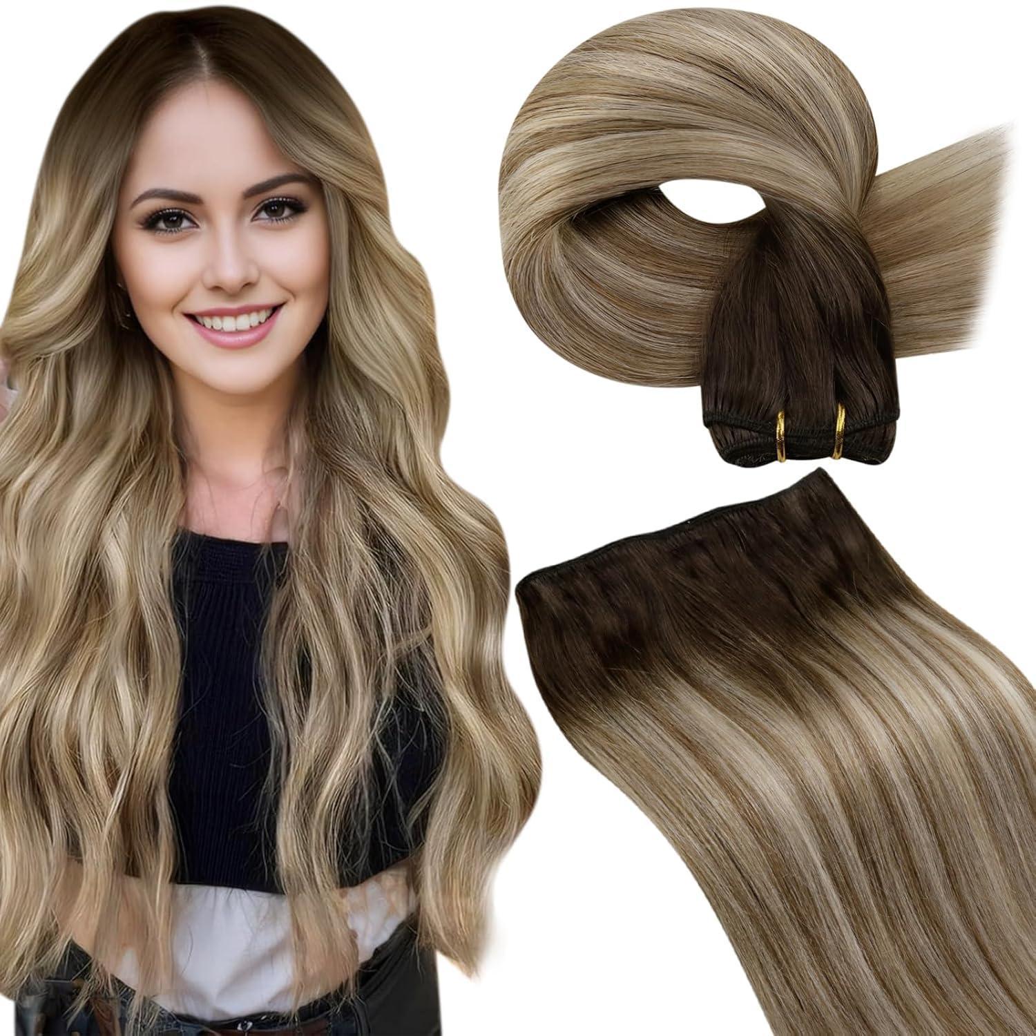 Echthaar Tressen Haarverlängerung Ombre Braun Blond 60cm 100g Sew-in Weave Extensions