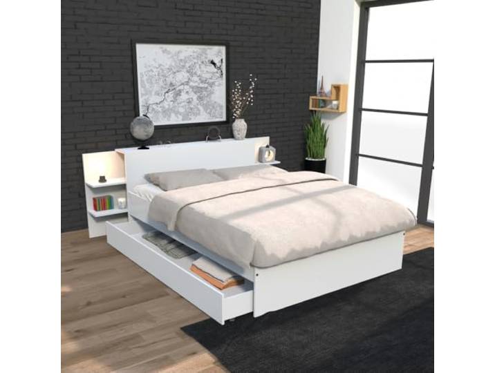 WEBER INDUSTRIES Bett City 140 x 190 cm + Kopfteil Nachttisch + 1 Schublade/Weiß
