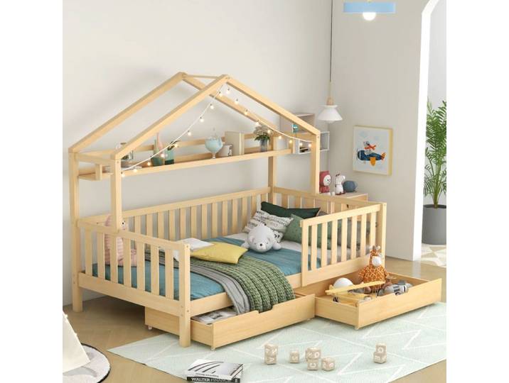 Lit cabane enfant - SOGEU - Cabane 90x200 - Pin massif - 2 tiroirs - Sommier à lattes