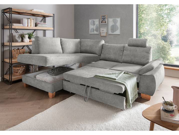 Ecksofa mit Schlaffunktion Grau Webstoff Jimin 265 x 109 x 206cm Ottomane davorstehend links mit Schlaffunktion Modern