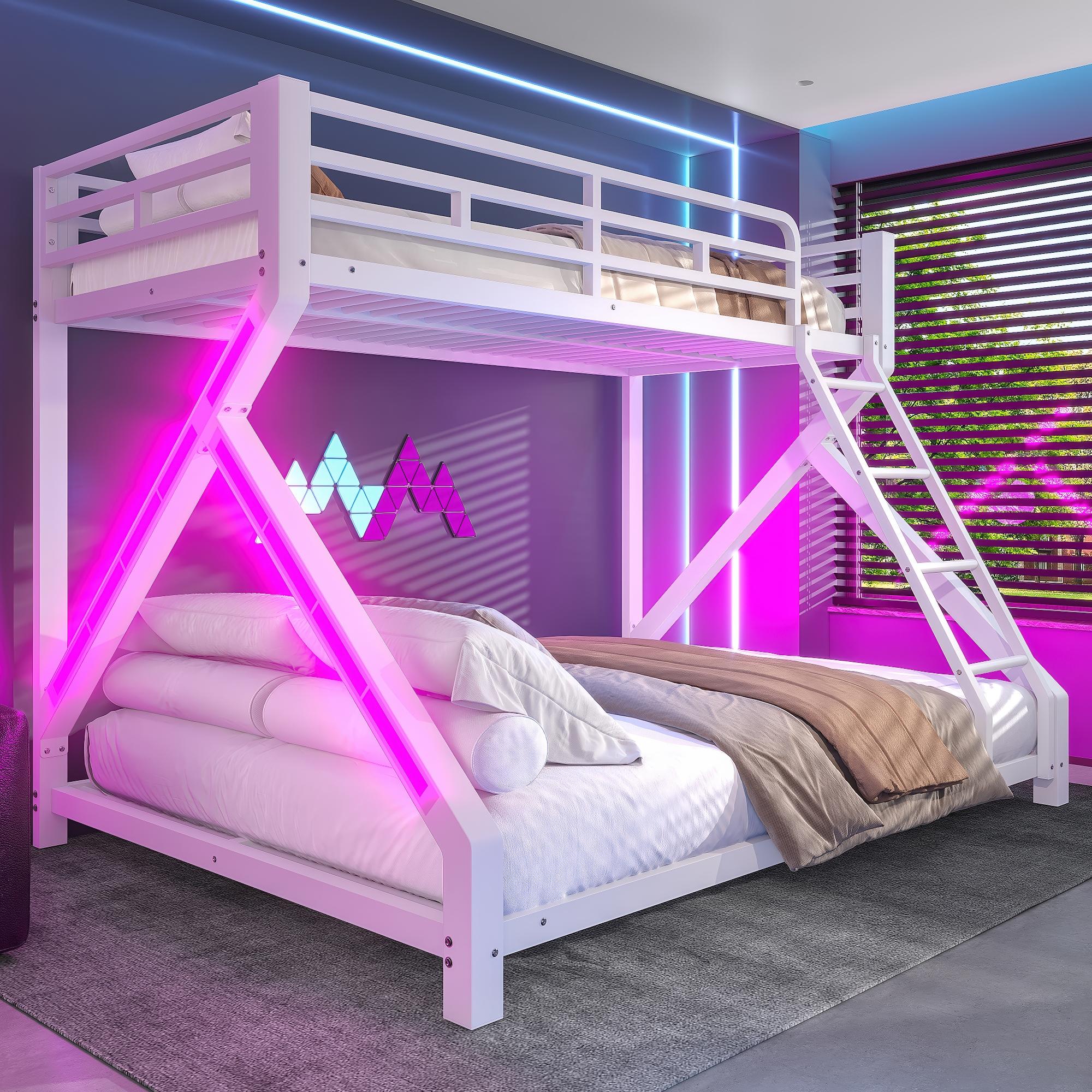 okwish Etagenbett 90/140x200 Stockbett mit Eisenrahmen und LED-Beleuchtung,Bettgestell Kinderbett mit Sicherheitsgeländer,Weiß (mit einer Matratze)