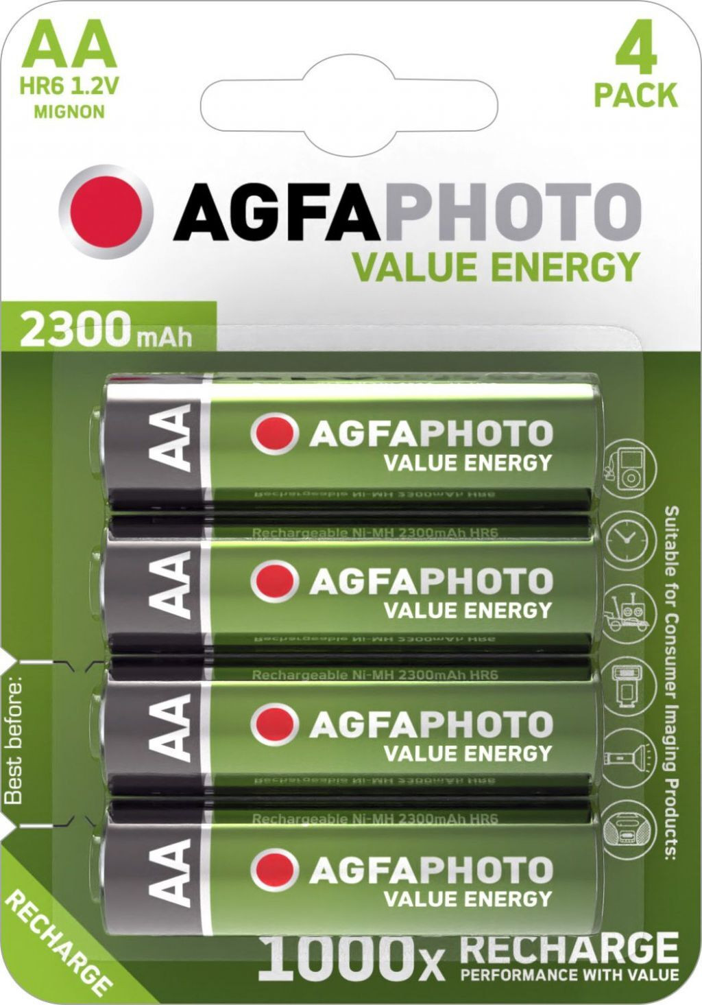 AgfaPhoto NiMH-accu Value Energy Mignon AA HR06 1.2V 2300 mAh verpakking van 4 stuks