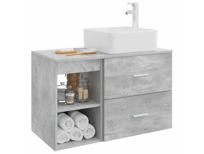 KTHLBRH Badezimmermöbel-Set 2-teilig grau Beton Technisches Holz, Wandwaschbecken, 1 Schublade, 1 Regal, mit Wasserhahn