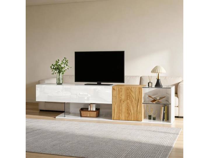 Meuble TV et Divertissement - 180 cm - Blanc laqué - Effet bois - Étagères en verre