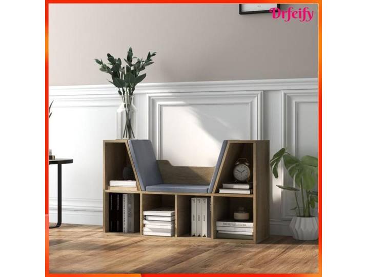 Bibliothèque-banc 2 en 1 - AKOZON - 8661 - 6 casiers - 3 coussins fournis - Chêne gris 102x30x61 cm