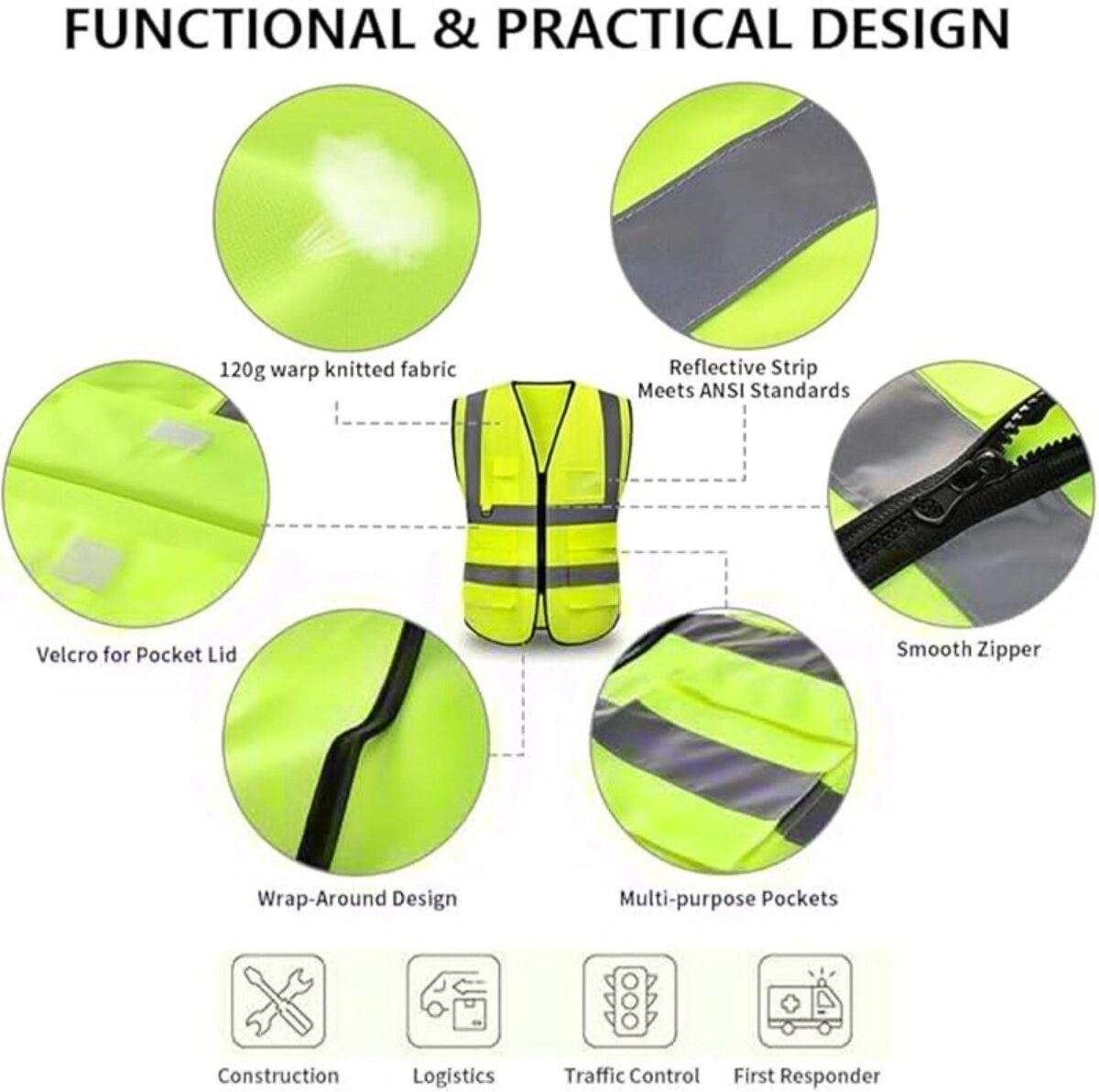 INF Hochsichtbare reflektierende Sicherheitsweste mit Taschen - Fluoreszierend Gelb XL
