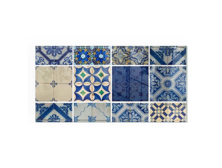 Tulup Kaminbodenplatte 100x50 cm - Keramikfliesenmuster, Blau, Glas, Rechteckig, 100x50x0.4 cm, Elektrogeräte, Heizgeräte, Elektrokamine