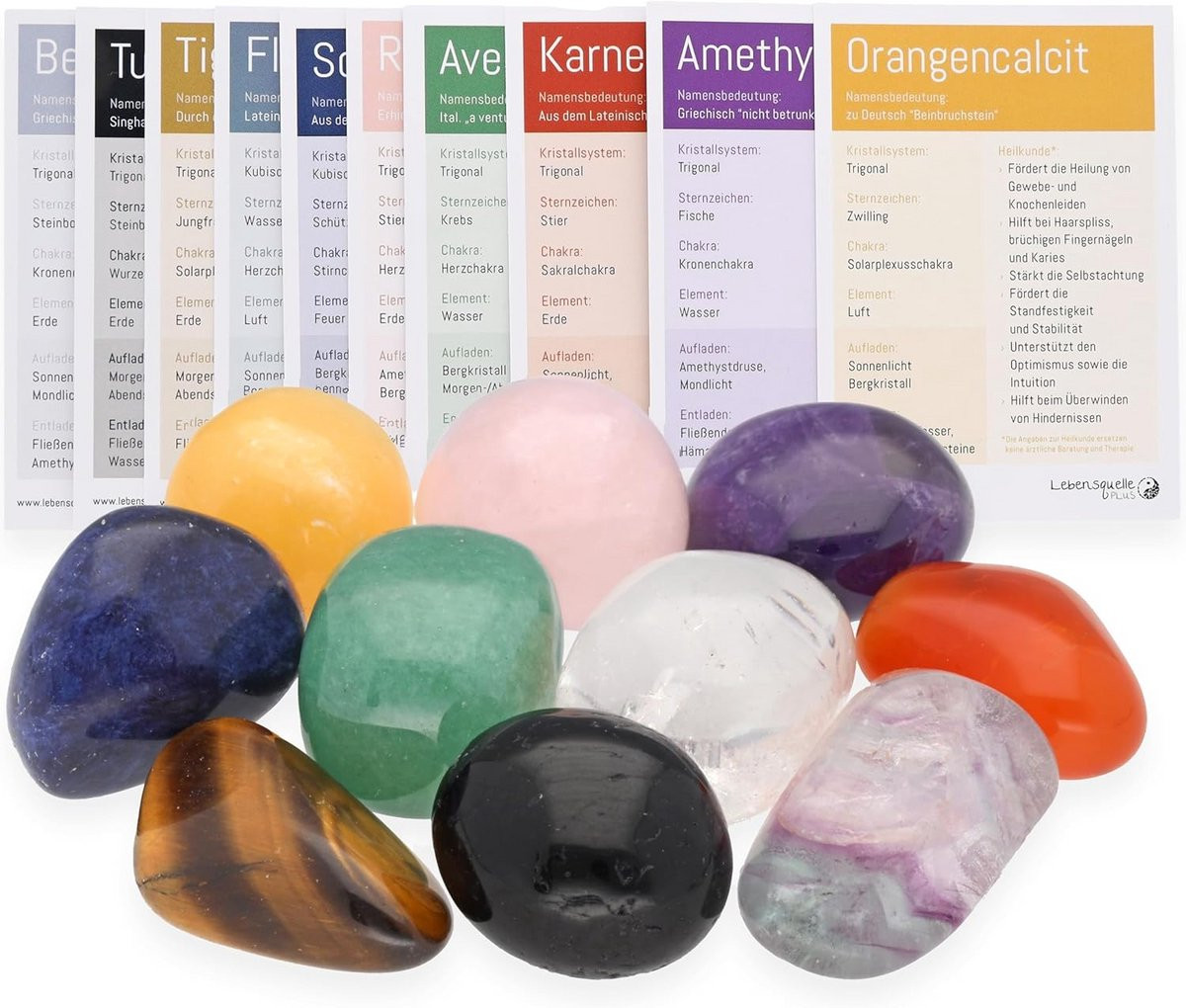 Healing Stones Set met Kaarten - 10 Populaire Trommelstenen voor Meditatie en Chakra-werk