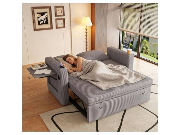 Canapé Convertible 2 Places avec USB et Dossier Réglable Canapé Lit avec Porte-Gobelet et Table Pliable Canapé 2 Places Gris