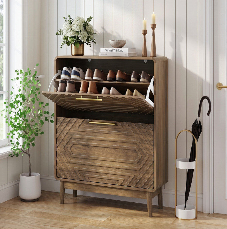 George Oliver 16 Pair Flip Down Shoe Storage Walnut 16