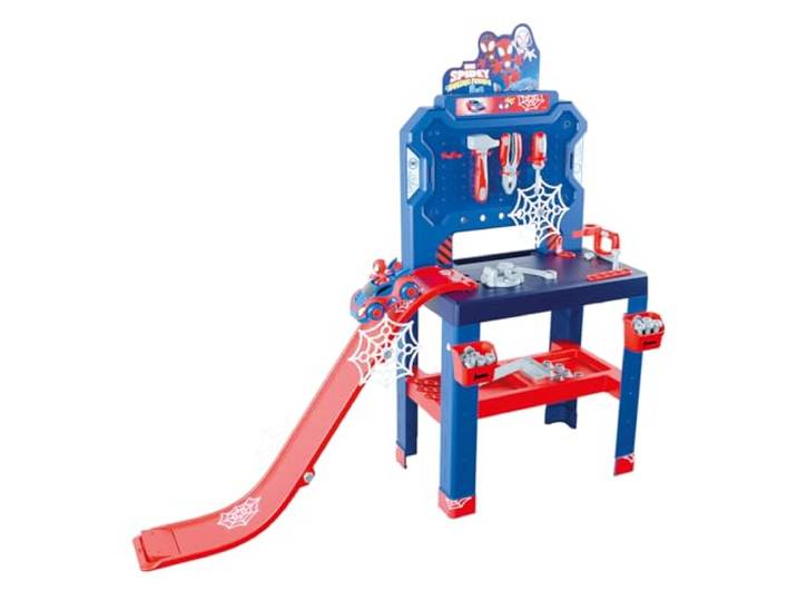 Smoby – Spidey Werkbank mit Sprungschanze – Werkcenter, 94 Zubehörteile mit 6 Werkzeugen & Fahrzeug-Bausatz – Spielwerkbank für Kinder ab 3 Jahren