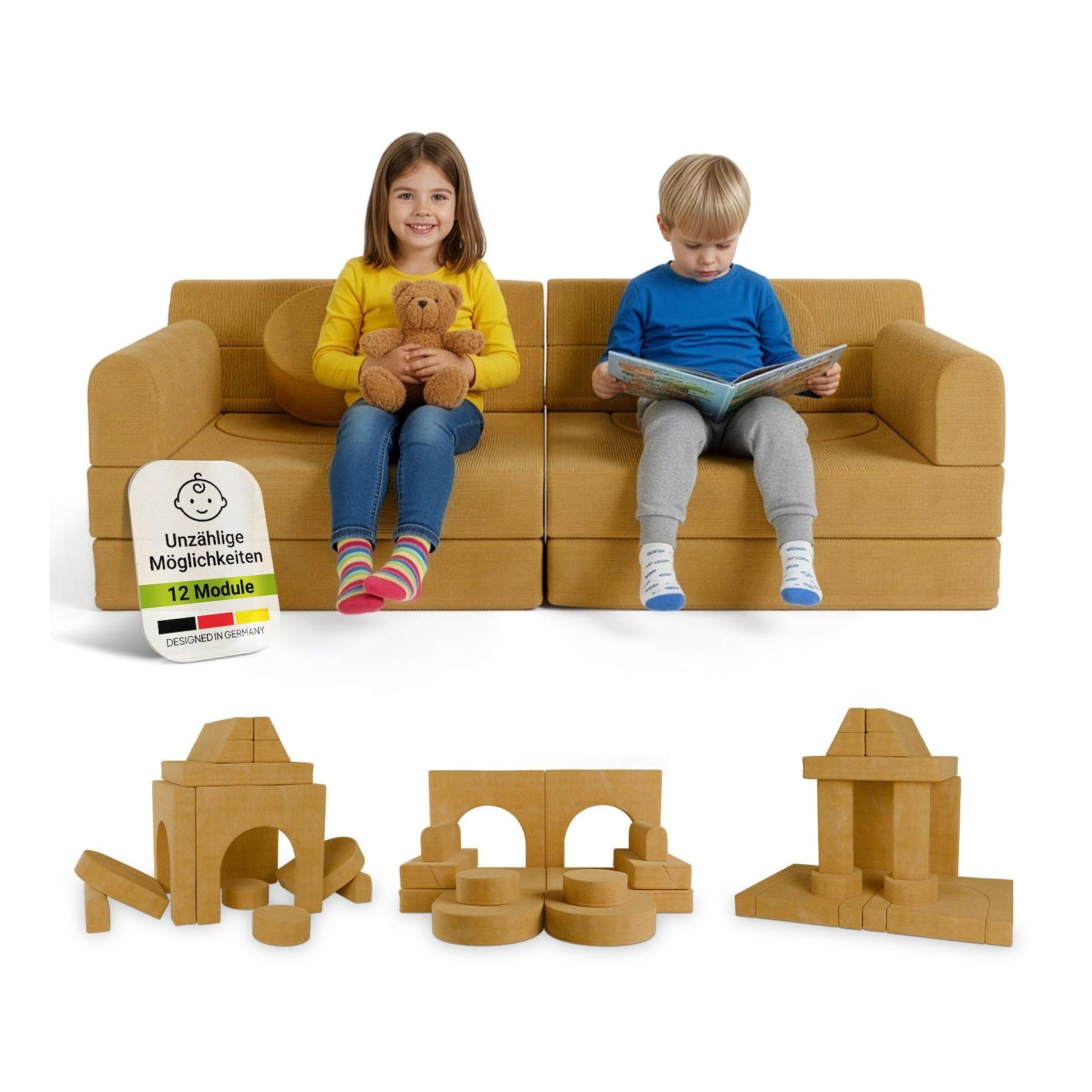 Juskys Kinder Spielsofa Kayo - Gelb, baubare Stapelsteine für Kinder, pflegeleichte Kindercouch aus Cord
