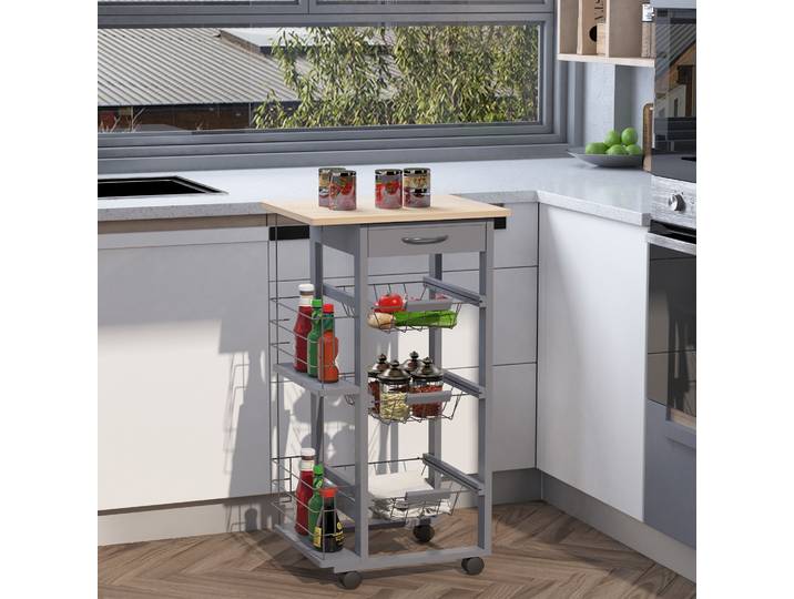 HOMCOM Desserte Cuisine Roulettes Bois Pin Gris