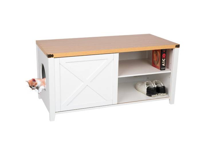 needs&wants Katzenschrank groß für Katzentoilette XXL aus Holz, mit Schuhschrank & Sitzkommode, Weiß, 110x55x50 cm, Waschküche, Mehrzweckschränke