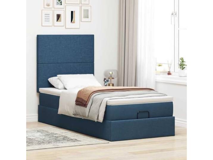 KTHLBRH Boxspringbett 90 x 190 cm blau mit Federkernmatratze Hydraulisches Heben, Lattenrost, Matratzenbezug inklusive, atmungsaktiver Stoff