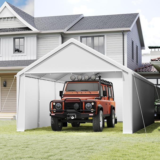 Carport 4x8m Garagenzelt Winterfest mit PE Plane Wasserdicht, Zeltgarage Winterfest, Mobile Zeltgaragen Wasserdicht Mit Hagel Und Staub, Lagerzelt Stabil Lagerzelt Für Auto, SUV, Boot (Weiß)