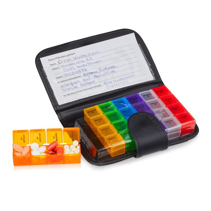 Relaxdays 2x Pillendoos met etui, 7 dagen, zwart en meerkleurig