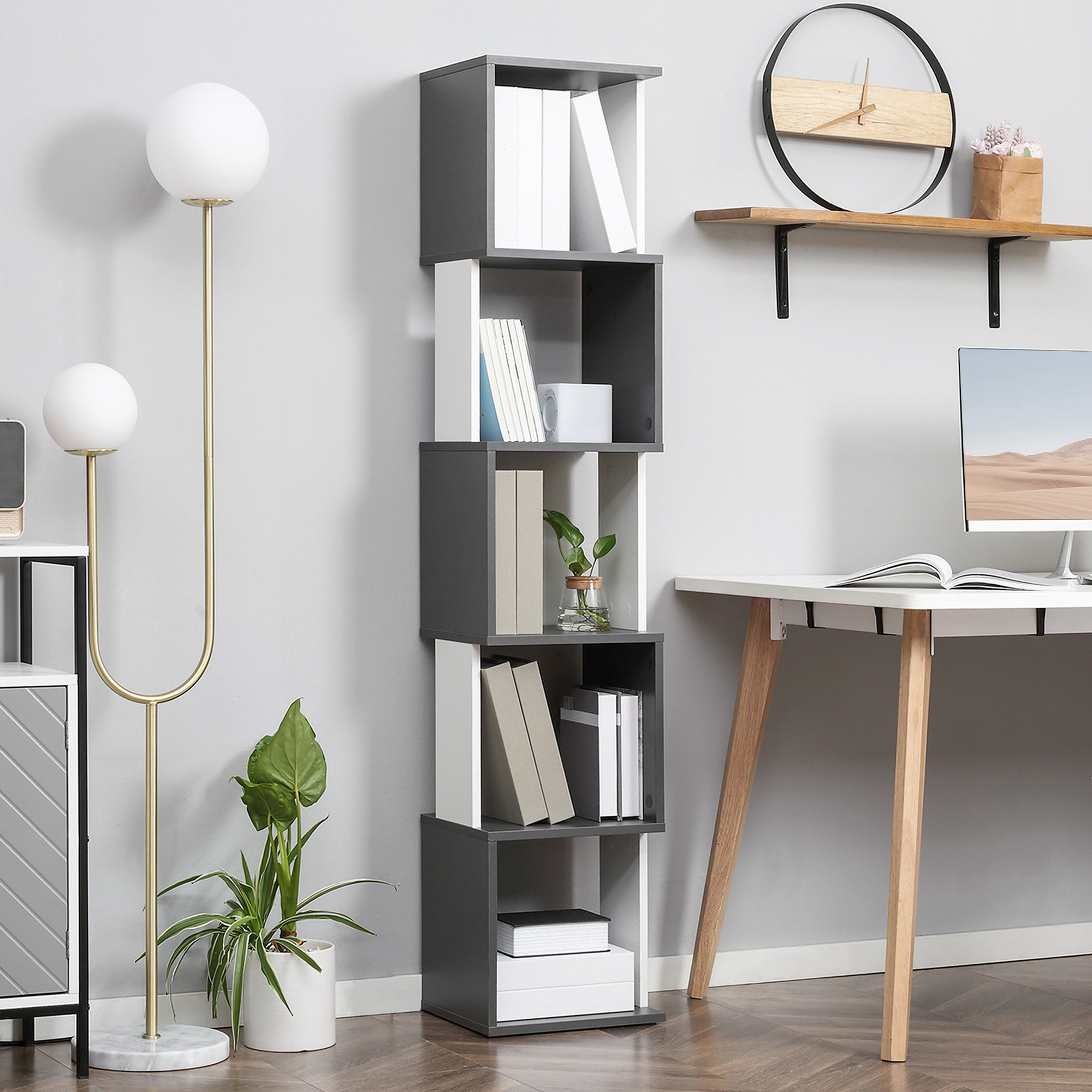 Homcom Libreria Moderna Salvaspazio a 5 Ripiani in Legno, 33x28x161cm, Grigio e Bianco Aosom