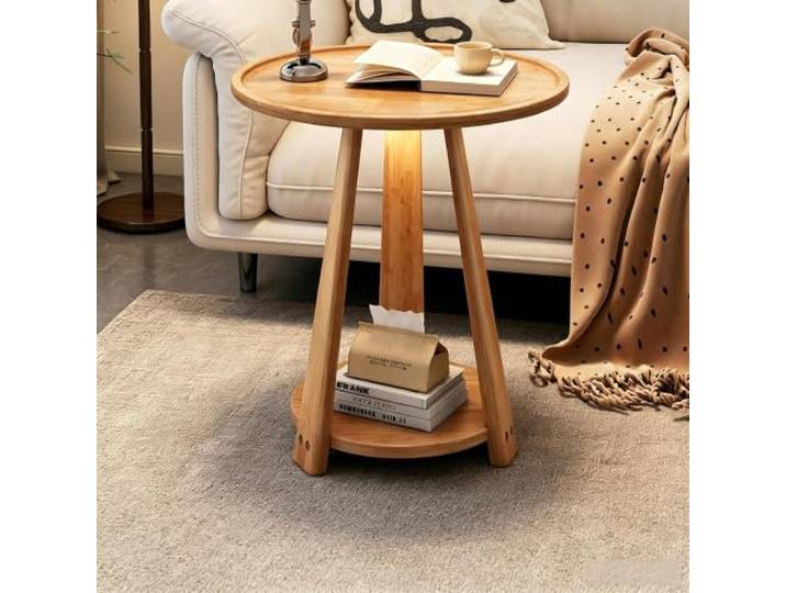 Runder Beistelltisch Massivholz Hochrand 2 Ebenen 2 Größen Massivholz Nachttisch mit Regal für Wohnzimmer(B,40x60cm/15.7x23.6in)