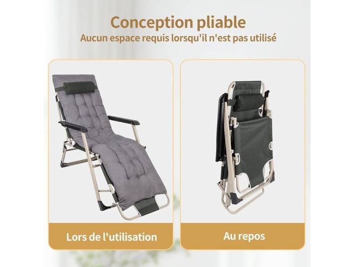 JEOBEST Fauteuil de Jardin Chaise Longue Pliable et Inclinable capacité max. 150kg Bain de Soleil ave Coussin 52*178*100cm