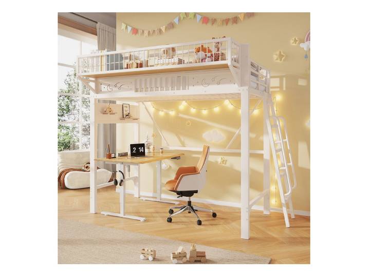 Merax Hochbett mit Stauraumfächern, flexibler Treppe & offener Unterfläche (1-St) Metallbett 90x200cm mit Ablagefach, Jugendbett Kinderbett