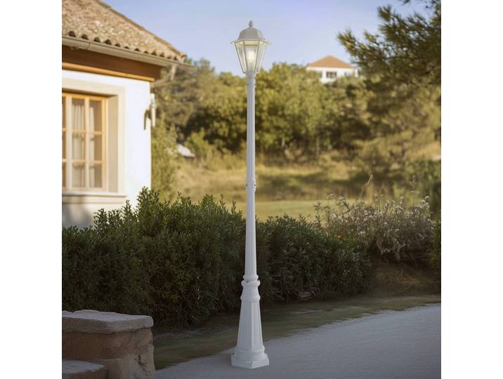 Lindby Außenleuchte Edana, 211 cm, weiß, Metall, E27, IP44 Edana Lindby, dimmbar, weiß / opal, Aluminium, Modern, Laternenform