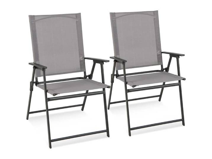 GOPLUS 2 Chaises de Jardin en Textilène avec Cadre Métallique Chaise Pliante avec Dossier Haut-Accoudoirs Chaise de Camping Gris
