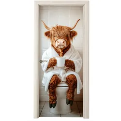 TÜRAUFKLEBER Schottischer Highlander - WC - Bademantel - Modern - Tiere Wanddeko 90x205 cm - Türtapete