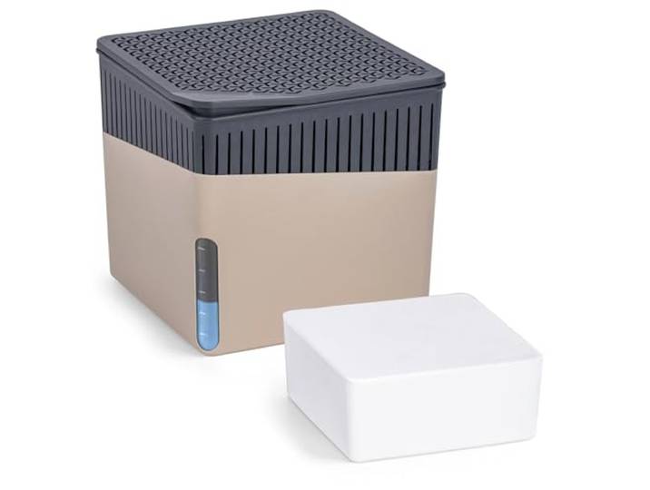 WENKO Raumentfeuchter Mod. Cube mit 1000 g Entfeuchter Granulat, für Räume bis 80 m³, beugt Schimmel und Gerüchen vor, ohne Strom, geräuschlos, nachfüllbar, Beige
