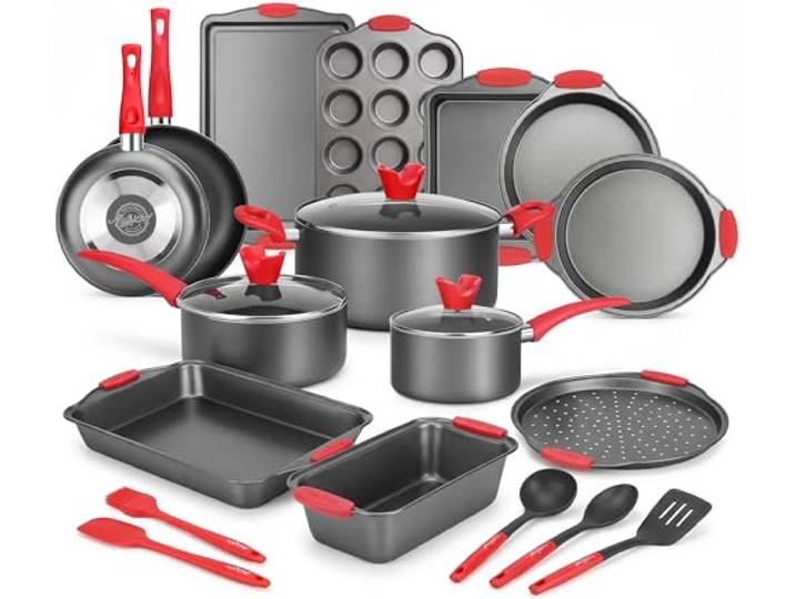 NutriChef Töpfe & Pfannen Set, 21-teiliges Antihaft Koch und Backset inkl. Muffinform, Brot & Pizza Blech, Utensilien, für Gas-, Elektro- & Keramik, für Moderne Haushalte & Hobbybäcker, Schwarz