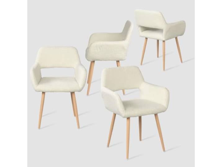 MEUBLE Cosy Esszimmerstühle 4er Set Küchenstühle Sessel Wohnzimmerstuhl Polsterstuhl mit Armlehne Rückenlehne Sitzfläche aus Sherpa Metallbeine, Skandinavisch, Weiß