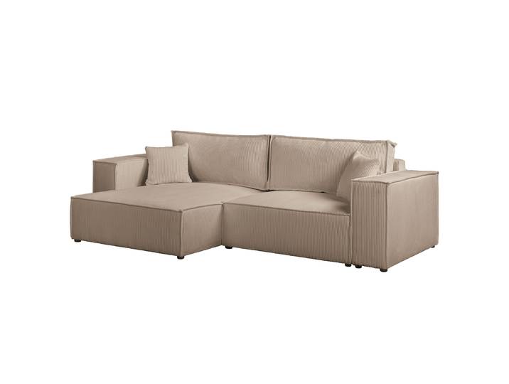 Canapé d’angle convertible 255 cm Beige/Cappuccino Velours côtelé Poppy 255 x 70 x 148cm Méridienne courte montable des deux côtés Avec