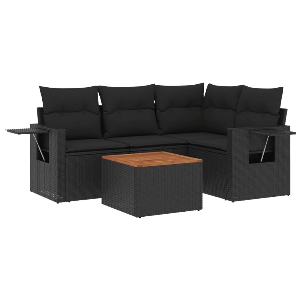 Modulares Gartensofa-Set, 5-teilig, mit abnehmbaren Kissen, Poly Rattan & Akazienholz, Schwarz, UV-beständig, mit klappbaren Ablagen