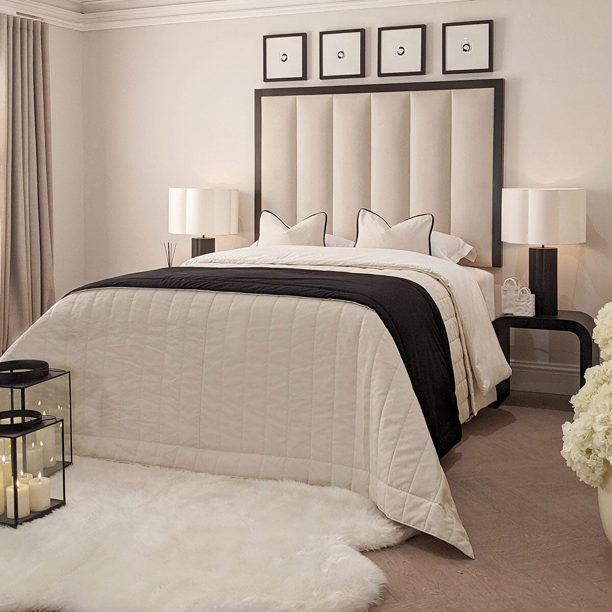 Eleanor Premium Cream Velvet Channelled Headboard with Black Wooden Frame, Double