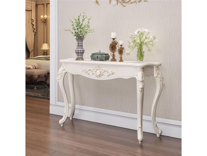 Konsolentisch Schmal Flurtisch Robust Beistelltisch Wandtisch für Flur Sofatisch hinter Sofa, Dichte Faserplatte, Moderner Flurmöbel für Wohnzimmer, platzsparend(White+Gold,L100cm/39.4in)
