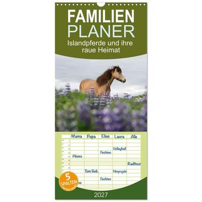 Familienplaner 2027 - Islandpferde und ihre raue Heimat mit 5 Spalten (Wandkalender, 21 x 45 cm) CALVENDO
