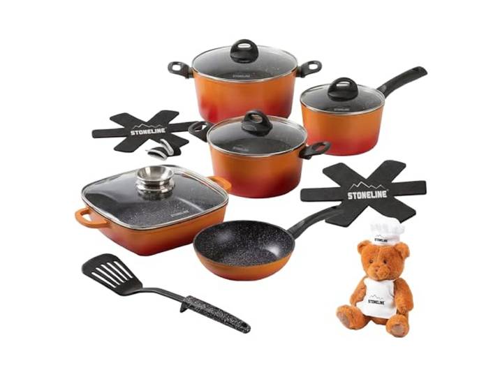 STONELINE Kochgeschirr Set 15-teilig 18/20/24 cm Pfannen und Töpfe Set mit Deckel, Topfset Induktion Antihaft Beschichtet mit echten Steinpartikeln, Alle Herdarten, Farbe: Orange