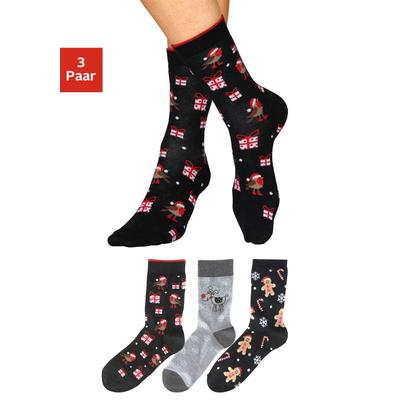 Socken H.I.S "Weihnachten lustige Socken für Damen, Atmungsaktiv", Damen, Gr. 35-38, schwarz (2x schwarz, gemustert, 1x grau, gemustert), Baumwolle, Elasthan, Polyamid, Polyester, gemustert, lustiges Design, elastisch, Socken Socken, mit lustigen...