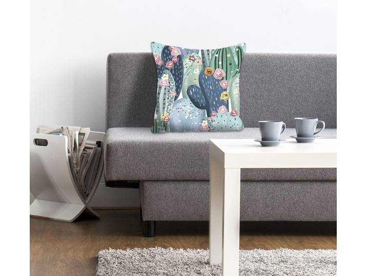 Dekokissen QUEENCE Bowser , grün (grünblau, bedruckt), B:40cm L:40cm, Polyester, Dekokissen_Sitzkissen_Kissenhüllen, Dekokissen, mit bunten Kakteen