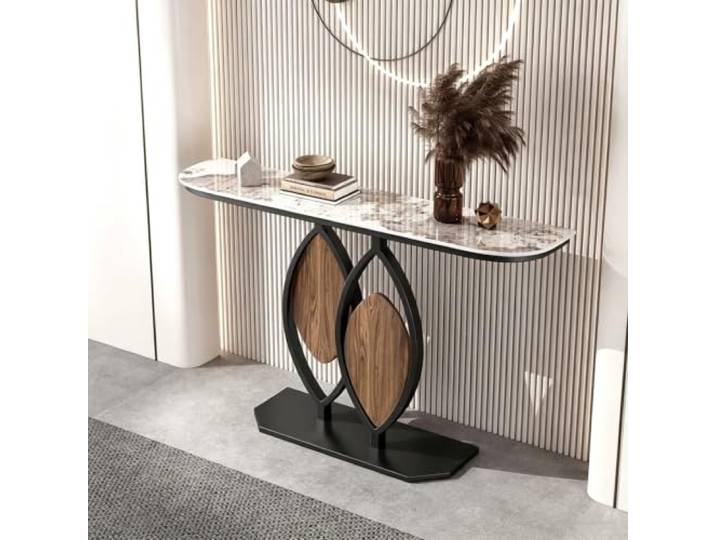 Moderner Konsolentisch mit Steinplatte, Flurtisch für Eingangsbereich Robuste Steinplatte, Metallrahmen, Schmaler Flurtisch, Sofatisch, Wohnzimmer(Black+White-gold,31.5in(80cm))