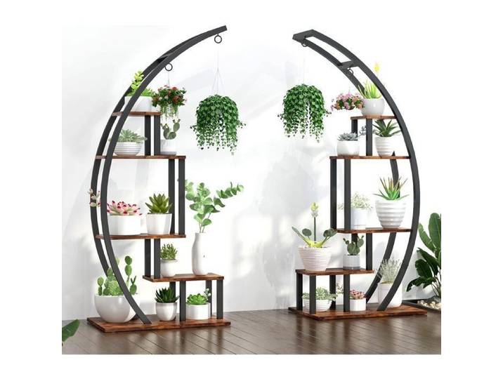 Lot de 2-support plantes intérieur 5 Niveaux Porte Plantes en Forme de Demi-lune avec Anti-renversement 60 × 40 cm × 142 cm -marron