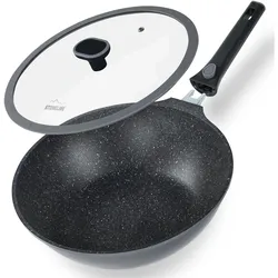 Stoneline Imagination PLUS Wok 30 cm, mit abnehmbarem Griff, mit Glasdeckel, Pfanne + Kochtopf, Schwarz