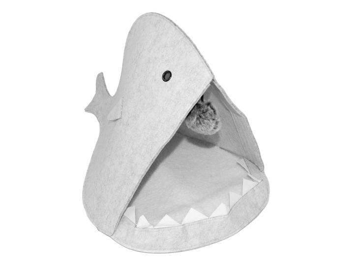 Katzenlounge aus Filz und Stoff, im Haifisch-Design, mit Bommel, 60 x 40 x 38 cm, grau
