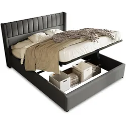 Stauraumbett 140x200 cm mit hydraulischem Bettkasten und gepolstertem Kopfteil – modernes Design in Grau