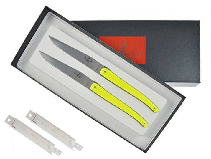 Forge de Laguiole Wilmotte Messer Steakmesser Tafelmesser Griff Acryl rosa, blau, gelb, grün, rot, schwarz + Prymo Color Gelb, Size 2 Messer