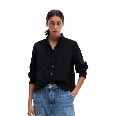 Langarmbluse MARC O'POLO "in samtiger Cord-Qualität", Damen, Gr. 34, schwarz (martime blau), Obermaterial: 79% Baumwolle, 21% Lyocell, unifarben, regular fit bauchfrei, Manschette, Blusen
