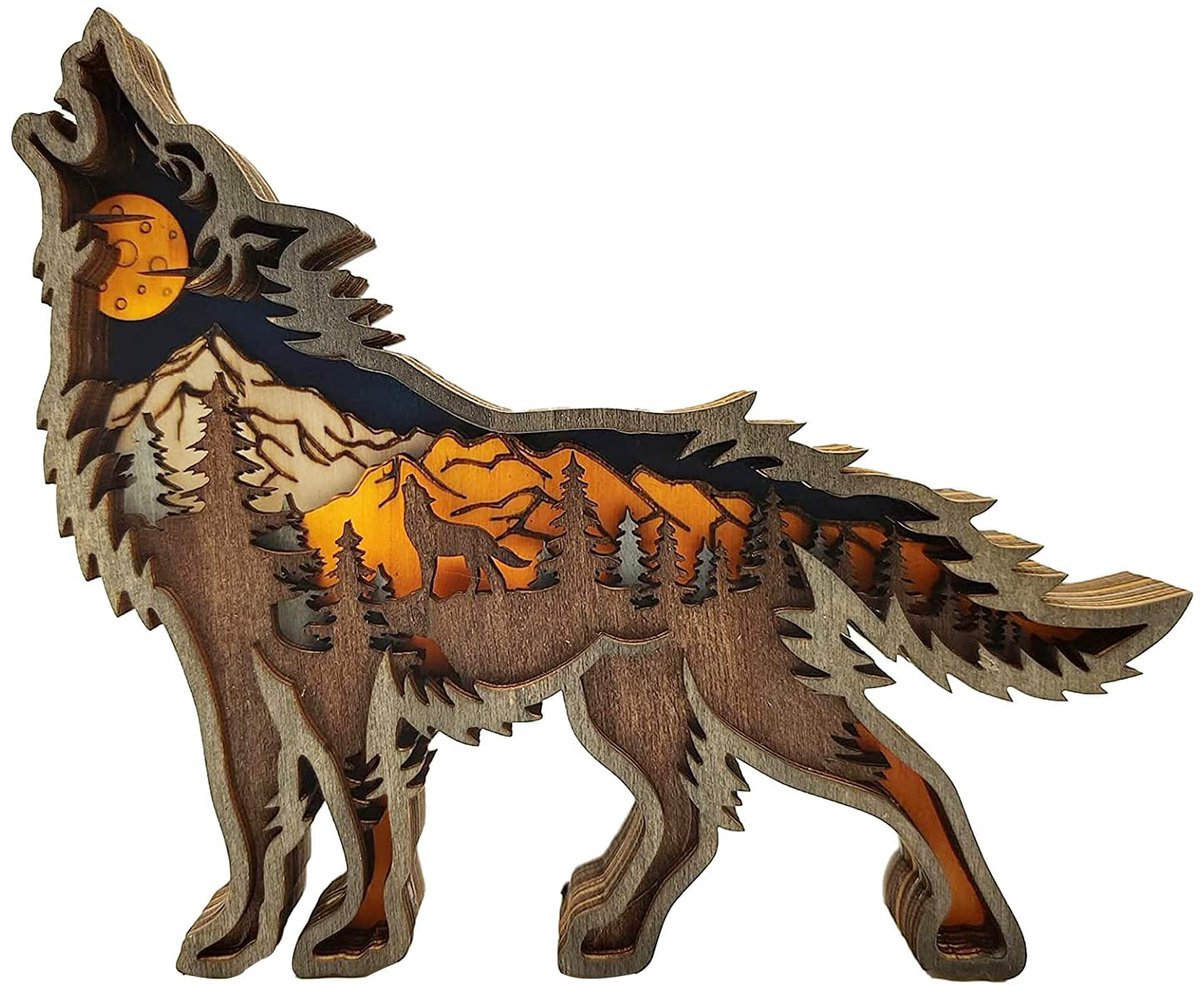 Houten Wolf Sculptuur - Huilende Wolf 3D Decoratie voor Woonkamer, Bureau en Wanddecoratie