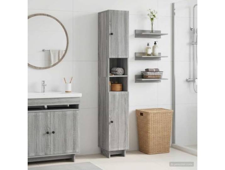 YUTAASU Badschrank mit offenem Regal Ede Sonoma-Grau Feuchtigkeitsbestaendig, umkehrbare Tuer, kompaktes Design, viel Stauraum fuer kleine Baeder
