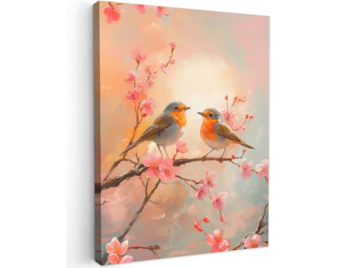 LEINWANDBILD Rotkehlchen - Zierpflanze - Blütenzweig Wandbild Wohnzimmer 60x80 cm